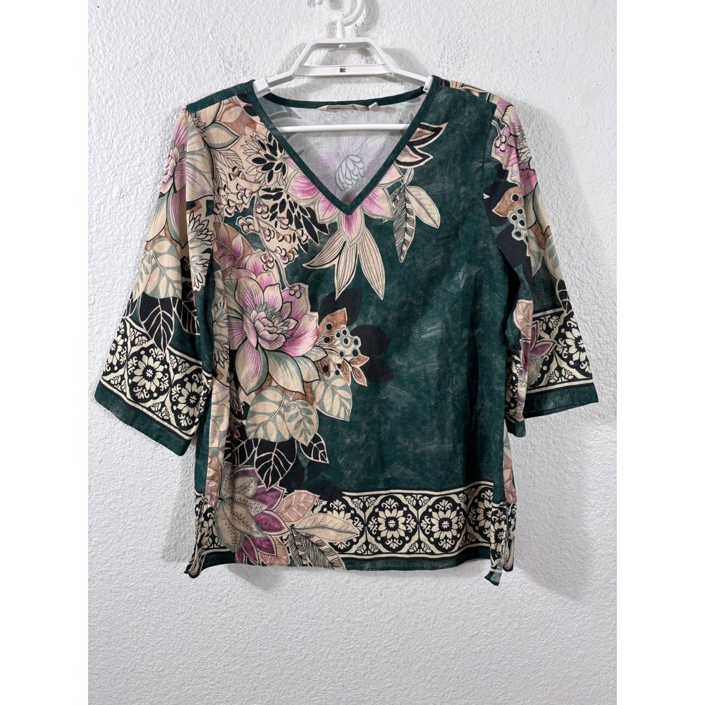 Soft Surroundings Top Women PS Green Floral Cotton Linen V-Neck 3/4 Sleeve